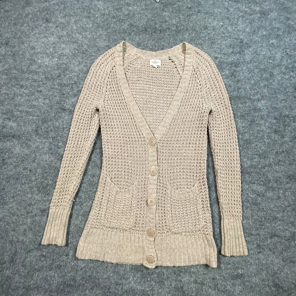 American‎ Eagle Tan Waffle Knit Button Front Cardigan Sweater Womens Small